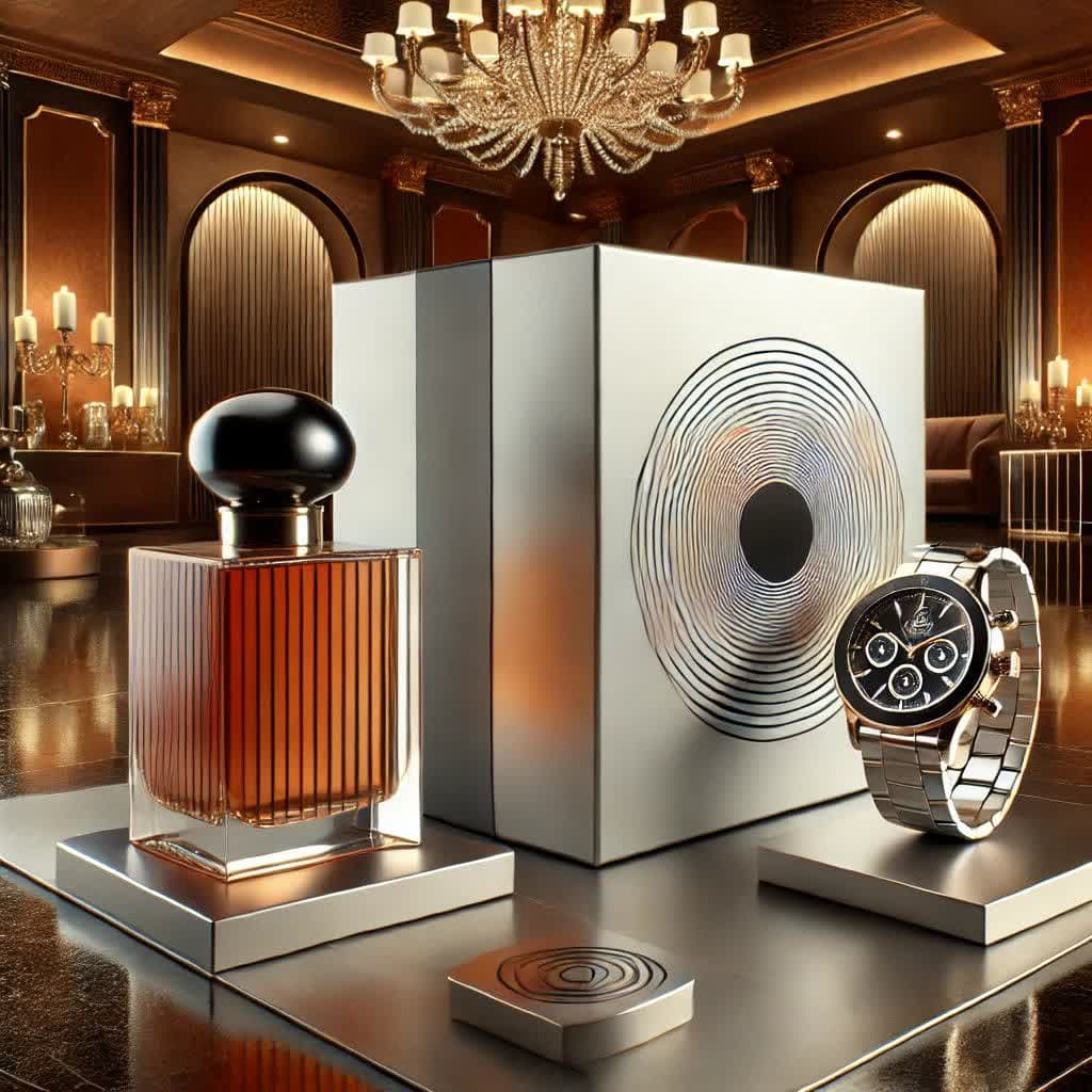 جعبه لمینتی براق در کنار عطر و ساعت لوکس با طراحی اختصاصی.